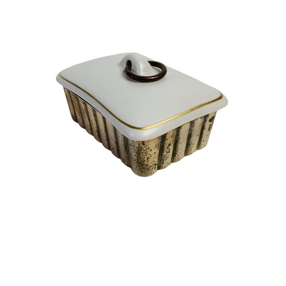MCM Atomic Style Trinket Box Ridged Brass Base Ceramic Lid O Ring Handle Decor - Picture 3 of 13